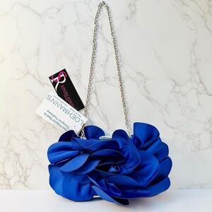 Sondra Roberts Royal Blue Floral Ruffle Clutch Sculptural Satin Evening Bag NWT